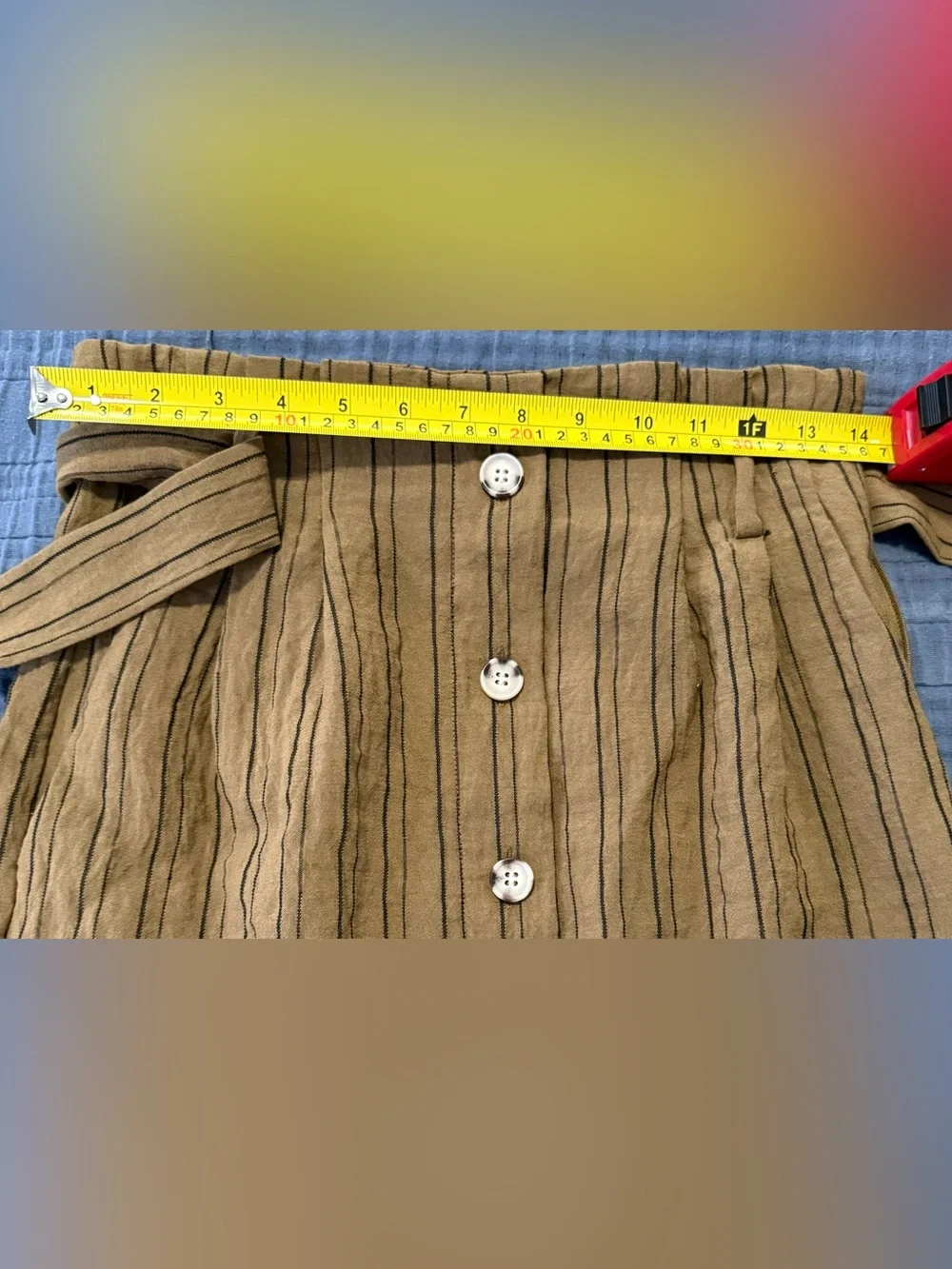 H&M Rust Brown Striped Paperbag Mini Skirt Button Front Tie Waist Sz 4